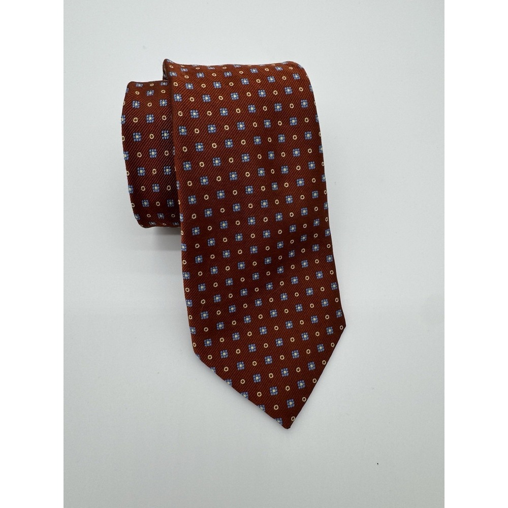 Barneys New York Silk Tie Red Geometric Pattern Blue Gold Squares Made in Italy